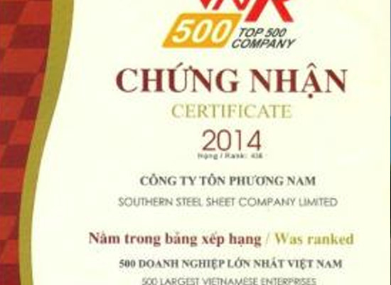 Công ty Tôn Phương Nam nằm trong TOP 500 doanh nghiệp lớn nhất Việt Nam năm 2014